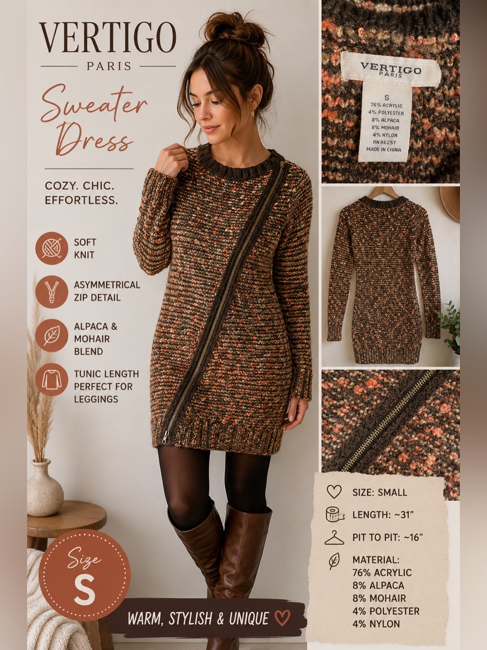 Vertigo Paris Sweater Dress | Size Small | Asymmetrical Zip Knit Tunic